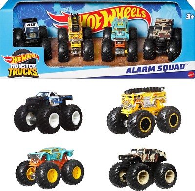 Hot Wheels Toy Monster Trucks Set of 4, 4-Pack of 1:64 Scale Alarm Squad