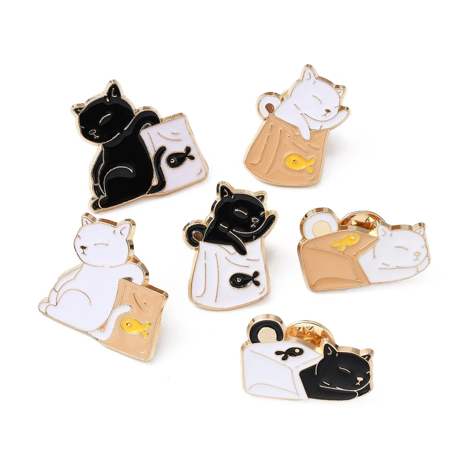 6x Enamel Alloy Cartoon Cat with Fish Bag Pin Brooch for Clothes Backpack - Image 2 of 4