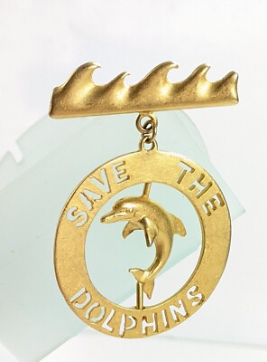 ''SAVE THE DOLPHINS'' Gold Tone Dangle Spinning Dolphin Lapel PIN Brooch D. Torem