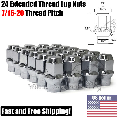24Pc 7/16-20 Chrome Extended Thread Lug Nuts For Chevy GMC Blazer K10 K5 V1500