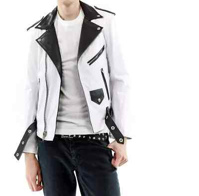 Men's White Jacket Stylish Handmade Genuine Lambskin Leather Biker Motorcycle