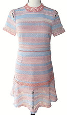 Foxiedox Size S Pink and Blue Crochet Low Back Short Sleeve Clarinda Mini Dress