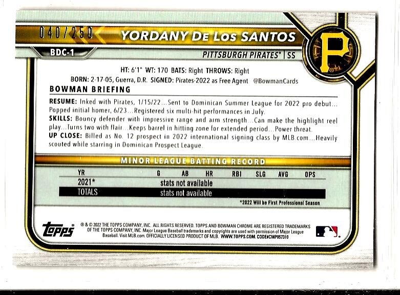 2) 2022 Bowman Chrome Draft Yordany De Los SantosPurple Border