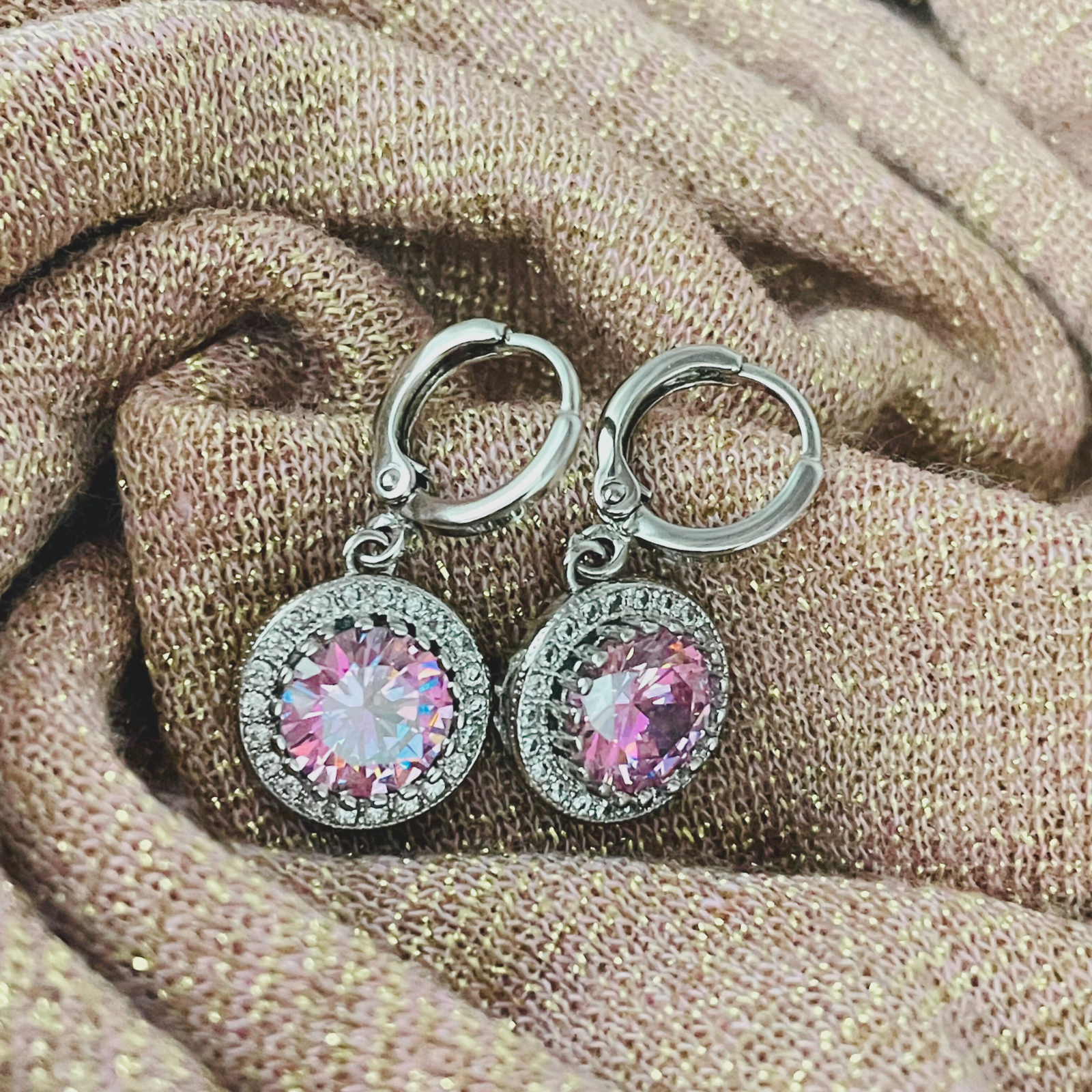 WHITE GOLD FINISH Pink Tourmaline Round Cut Created Diamond Droplet Earrings