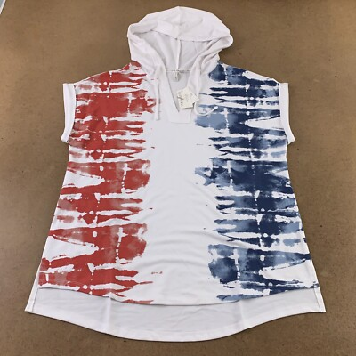 #ad #ad Cato Active Live Well Women#x27;s XL Red White Blue Short Sleeve Hooded Pullover NWT $15.15