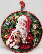 1 Round Plastic Laminated Plaque w/cork back, 8 ", CHRISTMAS, SANTA & DOG IN HAT