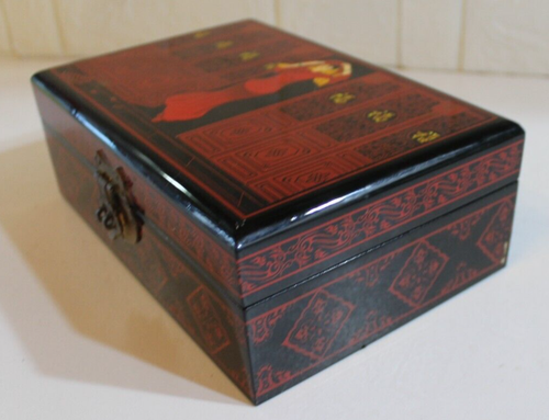 Elegant Asian Gloss Black & Red Lacquered Jewellery Ring Box Velvet Inner Shelf - Picture 5 of 17