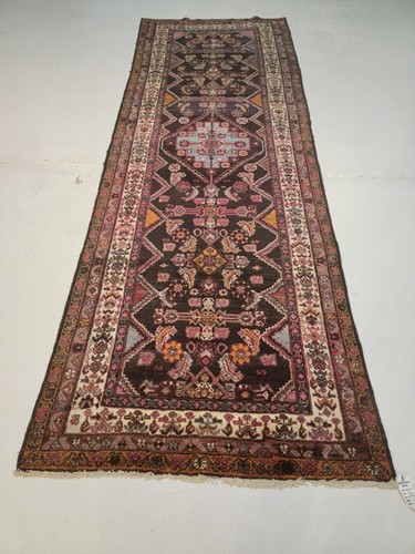 Antique Oriental Hand-Knotted Wool Runner Kurdish Black/Red/Ivory 3'6" x 9'11"