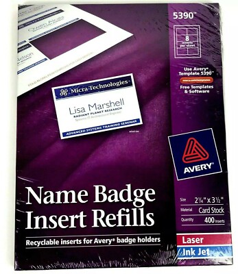 Avery Name Badges inserts (400) AVG 5390 8 per sheet 2 1/4''x 3 1/2''