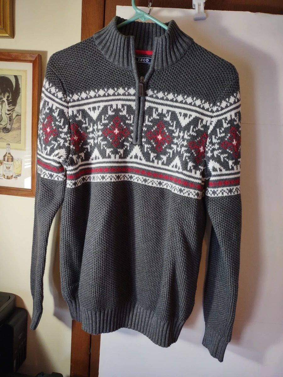 IZOD Pullover 1 4 Zip Fair Isle Sweater Size S P Gray Red White