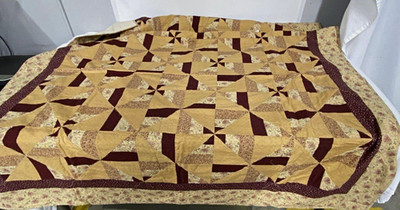 Patchwork Pinwheel Throw Quilt, Cotton, Beige & Burgundy, Handcrafted