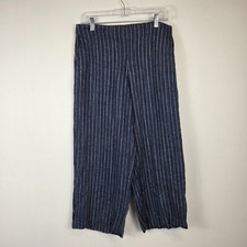 Eileen Fisher Blue White Stripes Linen Wide Leg Pants Elastic Waist Size Small