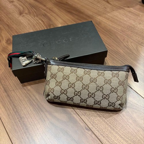 GUCCI GG Sherry Line Pouch Hand Bag Ziplock Leather Canvas Brown Beige Japan