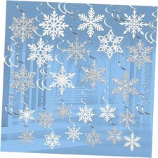 32 PCS Pre-Strung Winter Snowflake Hanging Swirl Decorations White Silver