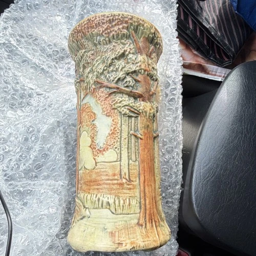 Weller Art Pottery Ceramic Vase Tree Motif Decorative Brown Green Beige Matte