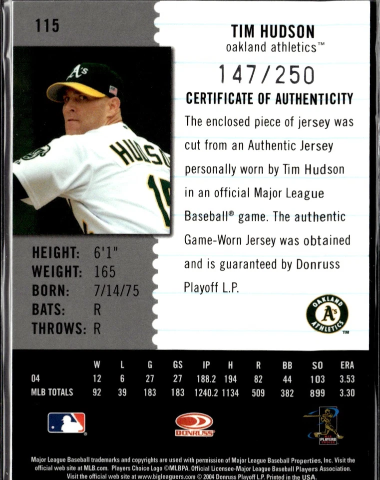 2005 Leaf Century No115 Тим Хадсон Oakland Athletics GU /250 - Изображение 2 из 2