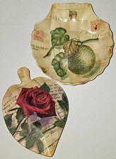 Set of 2 Wood Parquet Salad Bowls Botanical Decor by Pomerantz 8”  Shell & Leaf