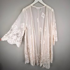Lace Kimono Boho Festival Cream Open Front Duster Cardigan Coastal Western