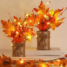 2-Style & Light Timer] 2 Pack 13 Inch Fall Decor Table Centerpiece with Lights