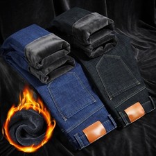 Mens Winter Thermal Jeans Fleece Lined Denim Pant Thick Stretch Straight Trouser