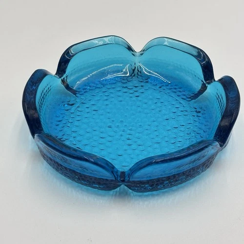 Vintage Anchor Hocking Turquoise Blue Lotus Glass Ashtray Pebbled Dish 5.75 MCM