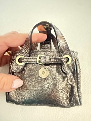 JIMMY CHOO ROSALIE MINI BAG CHARM KEY RING METALLIC SILVER LEATHER