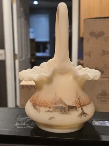 Fenton Hand Painted Log Cabin Scene On Custard Satin Art Glass Basket