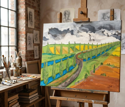 Landscape Original Acrylic Painting Canvas Signed PVytautas 16x20 in Cloudy
