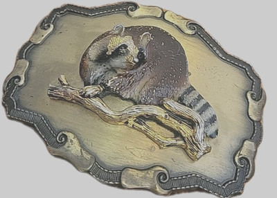 Belt Buckle 3D Raintree 1978 Raccoon wildlife Hunting  Vtg.