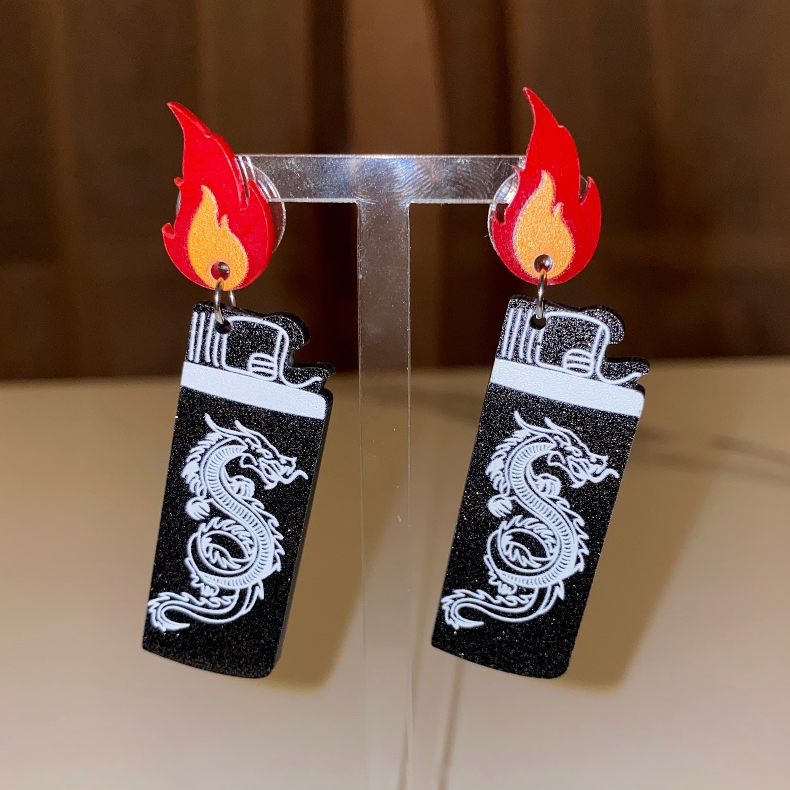 Asian Chinese Dragon Flame Fire Goth Drop Dangle Earrings Gift Y2k