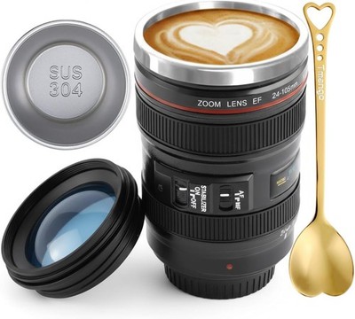 Camera Lens Coffee Mug with Lid and Spoon Photographer Gift Cup
