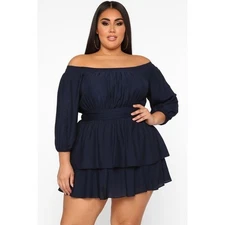 City Chic Cute Frills Navy Off the Shoulder Ruffle Mini Dress Size 14 NWT