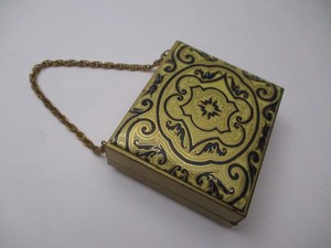 Vintage Makeup Case Powder Compact Lipstick Mirror Gold Black Tooled Leather