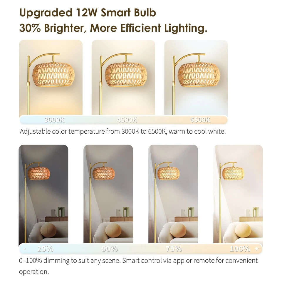 Lámpara de pie de ratán boho dorado con control remoto, regulable (2700K - 6000K), 2 en - 1 Wi... Foto 2 de 4