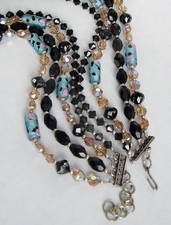 4 Strand 17" Glass Beaded Necklace Unique Turquoise Beads Floral Pattern