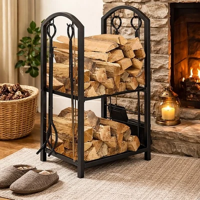 Fireside Companion Set Log Holder Steel Firewood Rack Stand Fireplace Tools Home - Image 1 of 4