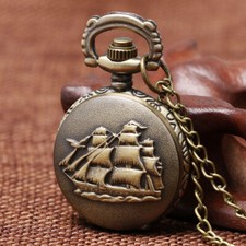 Steampunk Retro SailBoat Design Unisex Small Quartz Pocket Watch Chain Necklace