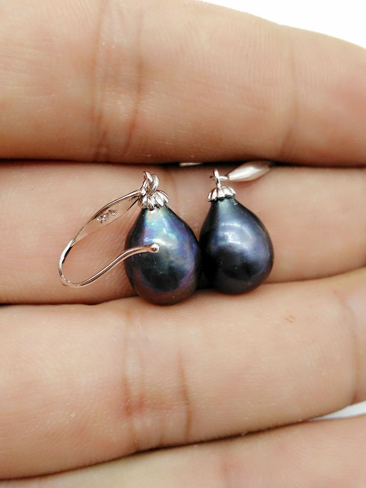 baroque AAA+ 10-12 MM NATURAL TAHITIAN BLACK PEARLS EARRING 14k white gold - Image 4 of 4