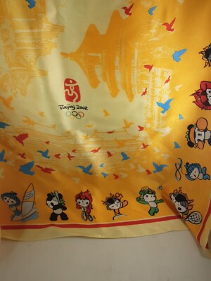 2008 Beijing Olympic Mascots Silk Scarf 22 X 22''