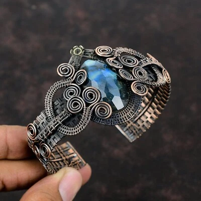 Labradorite Gemstone Jewelry Copper Gift For Mum Wire Wrapped Adjustable Cuff - Image 1 of 4