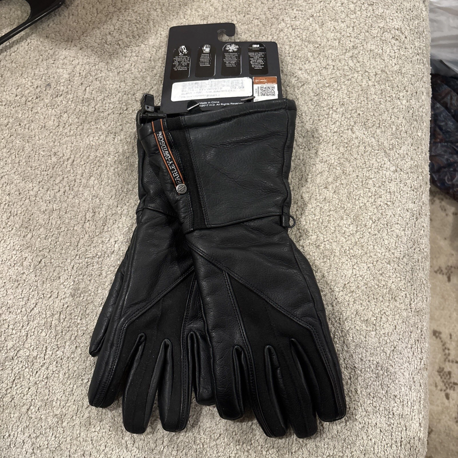 Harley Davidson Riding Gloves, black leather gauntlet thick bar shield, XS Warm
