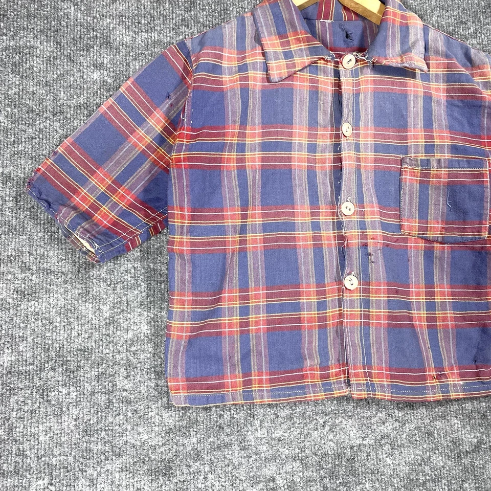VINTAGE 20s 30s Flannel Shirt Childrens Cotton Plaid 1920s 1930s Work Antique - Image 4 of 4