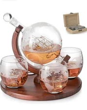 The Wine Savant Etched World Globe Whiskey Decanter Clipper ship Glasses & Stand
