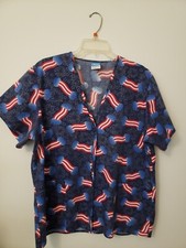 Crest Med Scrubs Top Stars Stripes Patriotic Red White Blue Fireworks July 4th