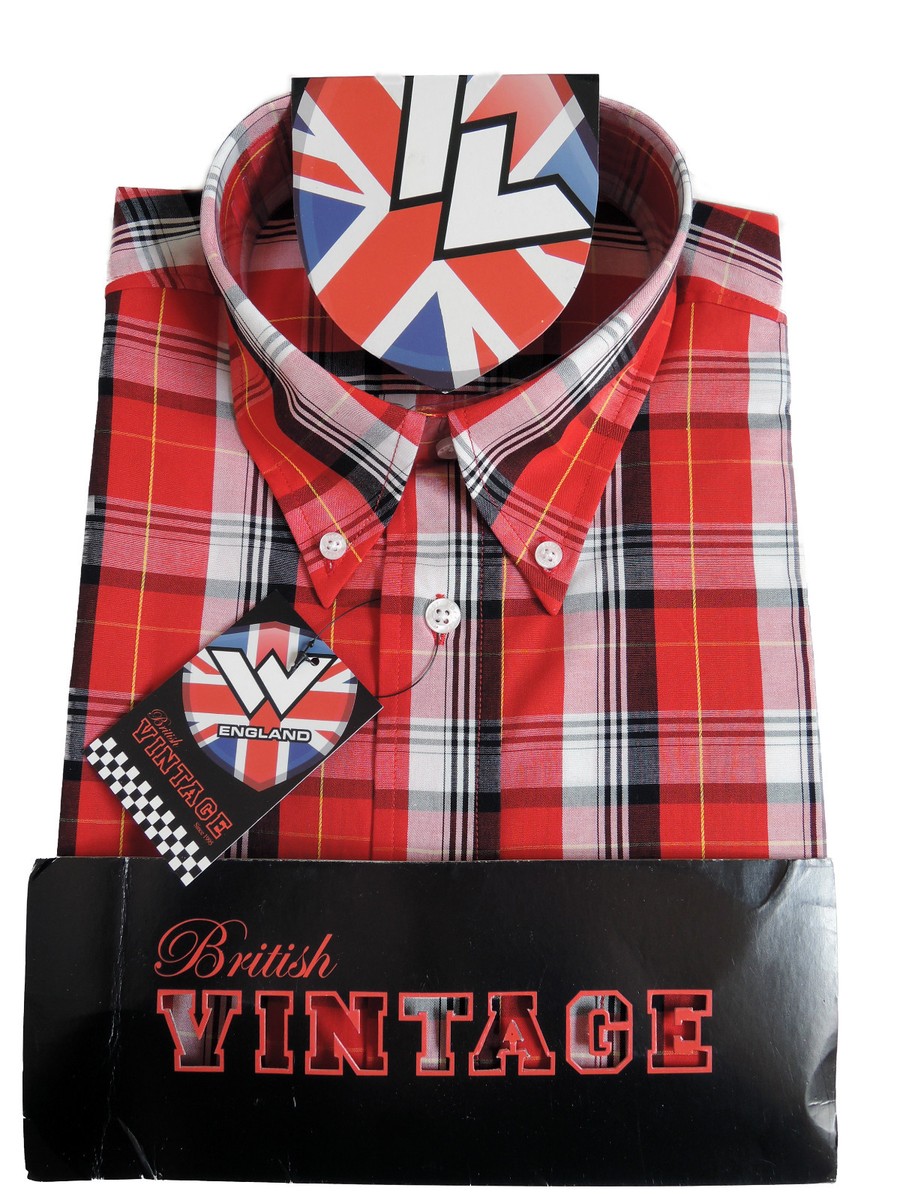 Camicia Warrior UK Inghilterra – Slim-Fit Skinhead Mod, Quadri, Maniche Corte, 100% Cotone