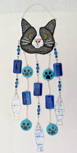 Handcrafted Fused Glass Whimsical Black/White Tuxedo Cat (Gold eyes) Wind Chime - Picture 2 of 4