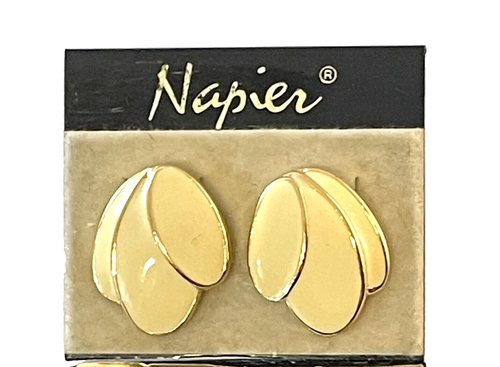 Vintage Earrings Napier Cream Ivory Enamel Leaves Flower Pierced Original Card