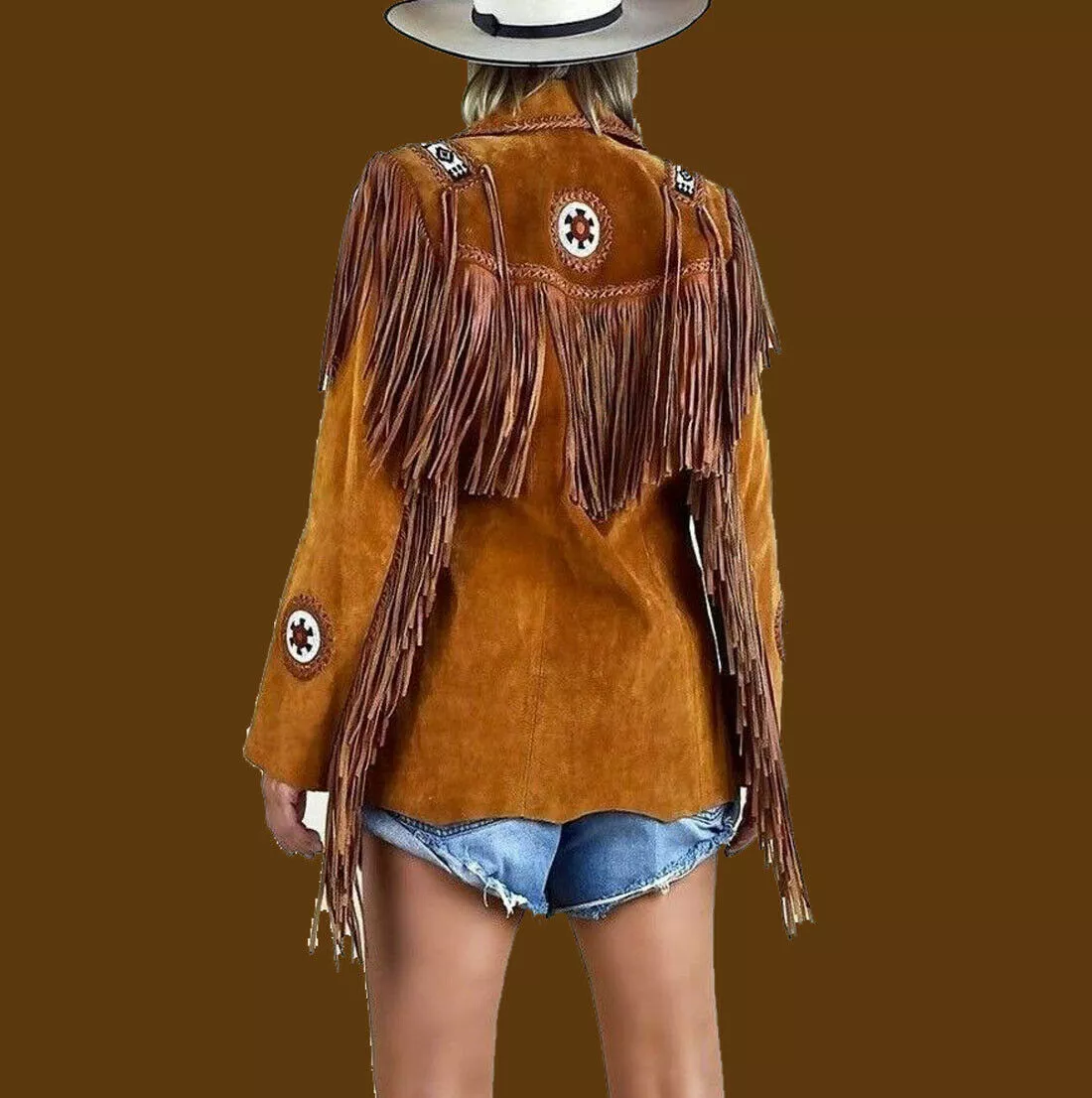 Native American Indian Women Suede Fringes Bead bone Western Wear Leather Jacket