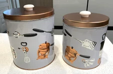 Vintage Weibro 2 Tin Canisters J L Clark Chicago Kitchen Utensils Gray Copper VG