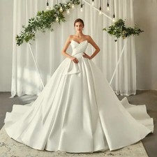 Classic Satin Strapless Sleeveless Bow Pleat A-Line Wedding Dresses Customized